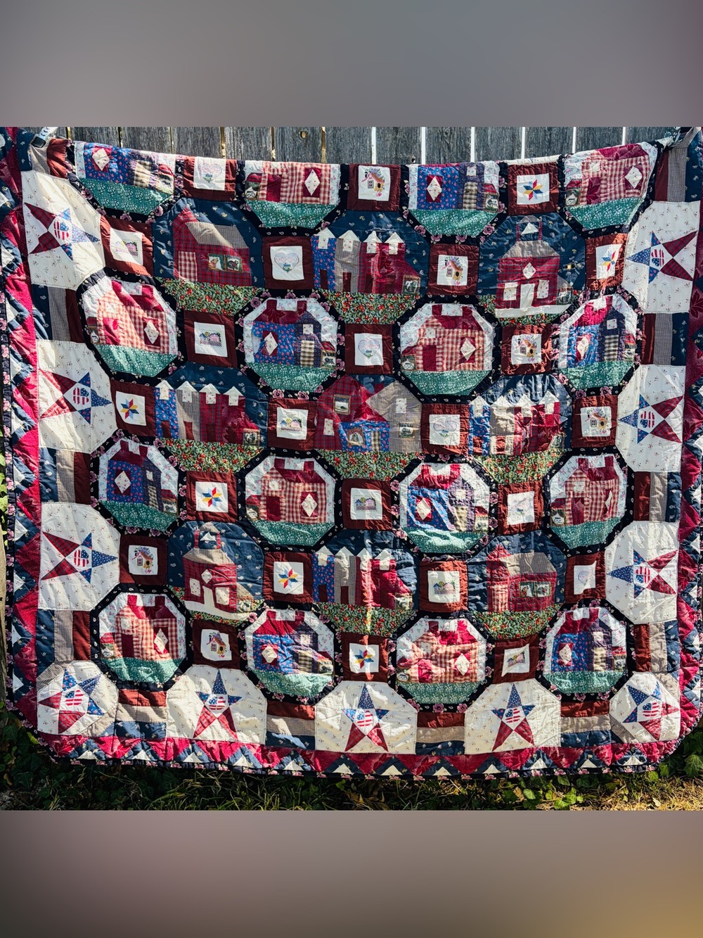 Vintage Snowball Block House Quilt 80x80 Handmade Cutter Quilt with Cross Stitch